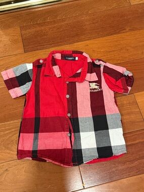 Burberry Red, Black & White Plaid Short-Sleeve Button-Down Shirt for Kids